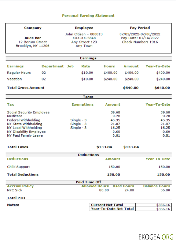 Modèle de relevé de revenus personnel aux États Unis